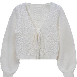 Cropped Cable Knit Tie-Front Sweater Cardigan - Cream